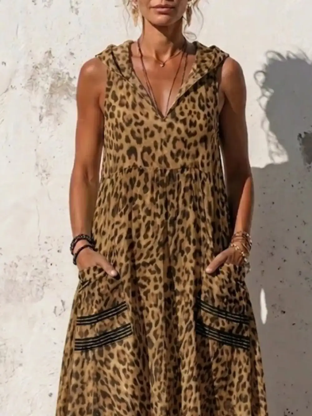 Sleeveless Hooded Leopard Print Maxi Dress With Pockets