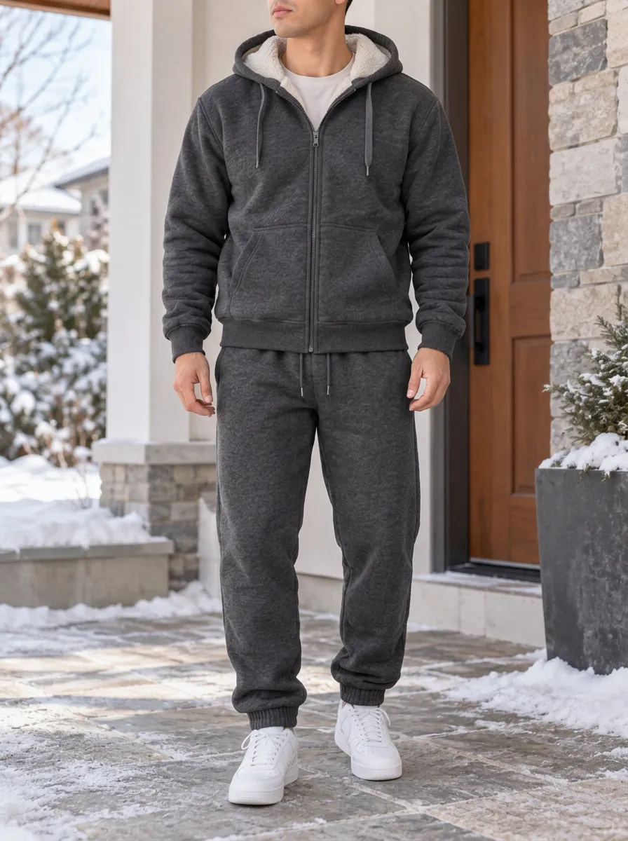 Men's Winter Fleece-Lined Zip-Up Hoodie and Trousers Set with Kangaroo Pockets