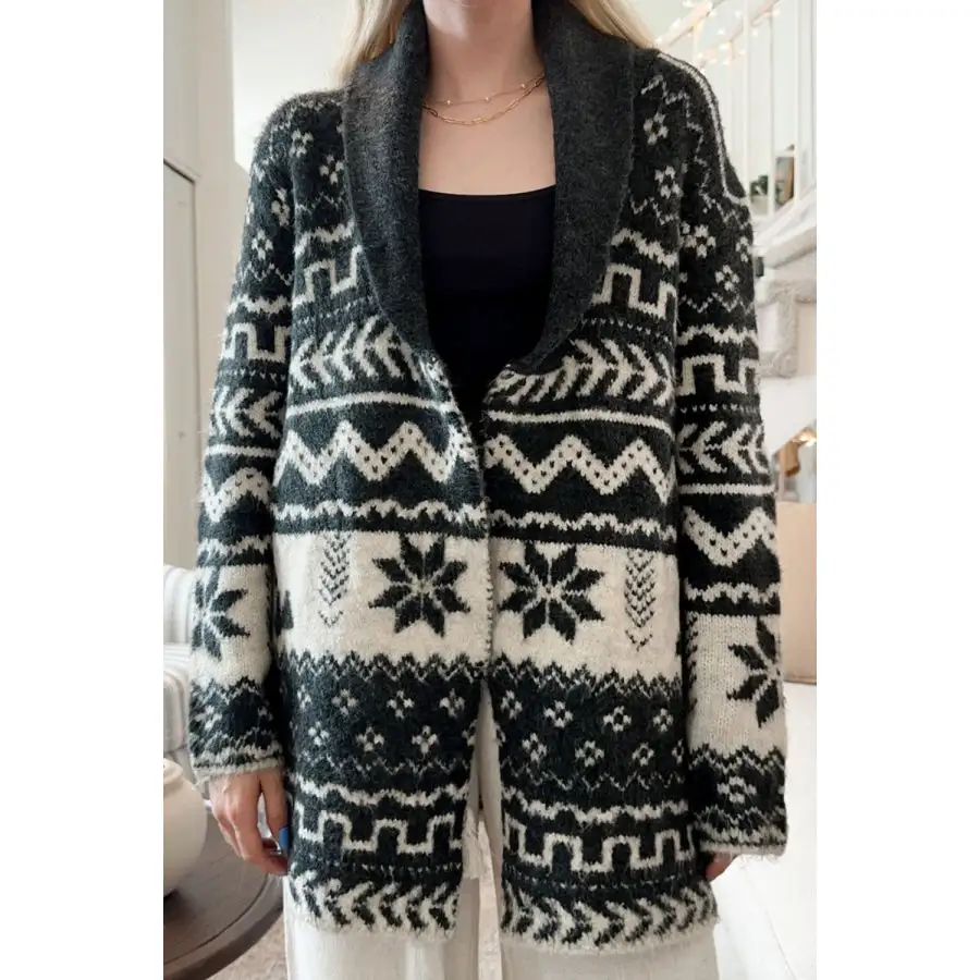 Snowflakes Collared Neck Long Sleeve Cardigan