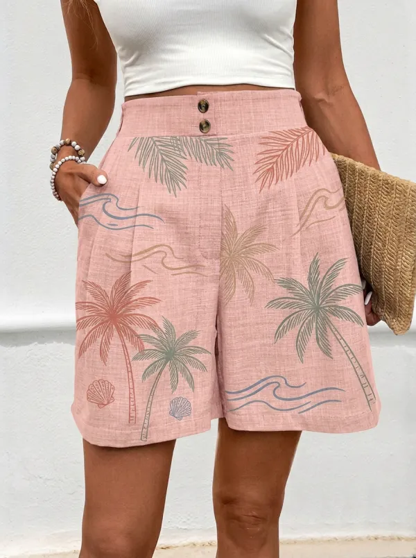 Women's Beach Vacation Tropical Palm Tree Seashell Printed Shorts