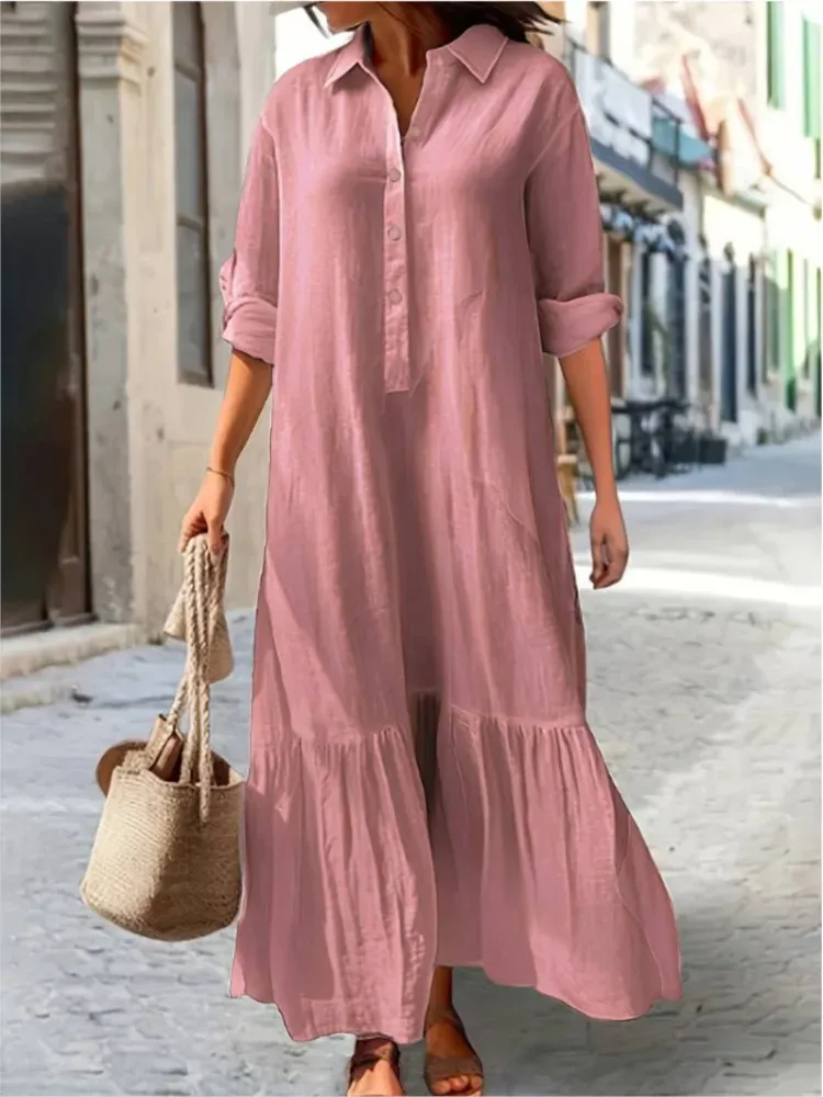 Long Sleeve Ruffled Linen Blend Maxi Dress