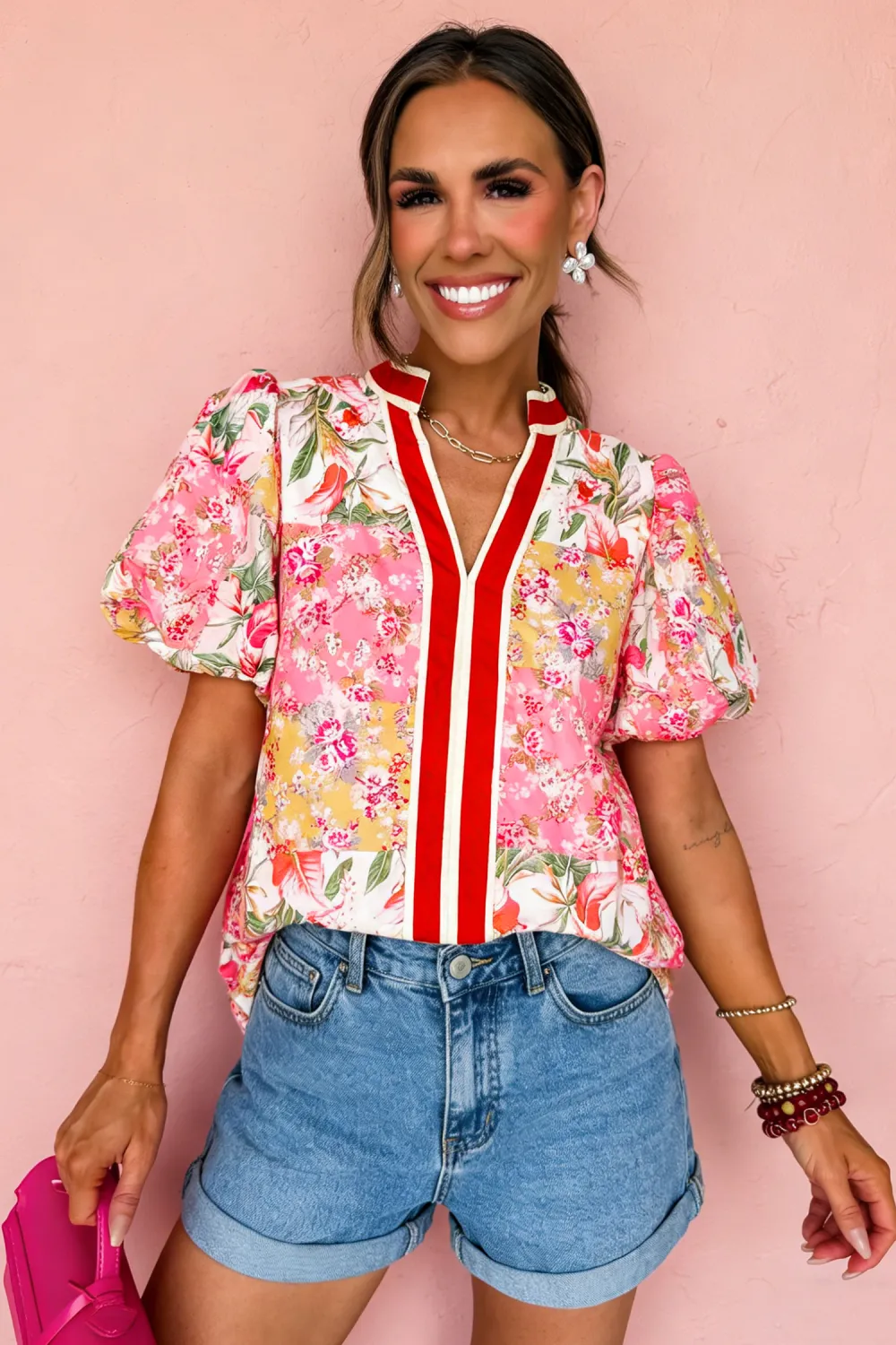 Pink Contrast Collared V Neck Blouse