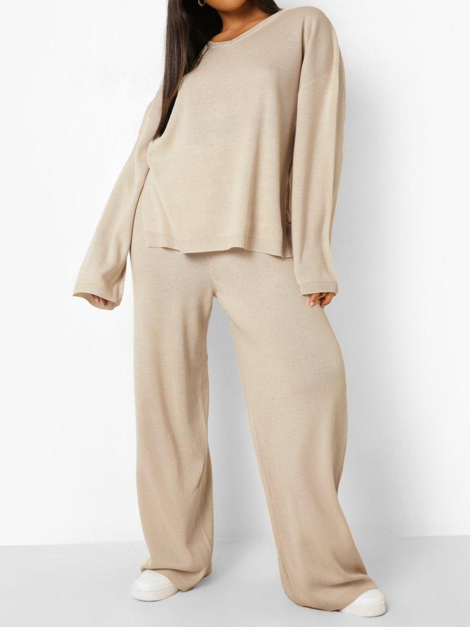 Split Stack Pants PLUS KNITTED V NECK SIDE SPLIT PANTS SET - qwrbnmlfdx