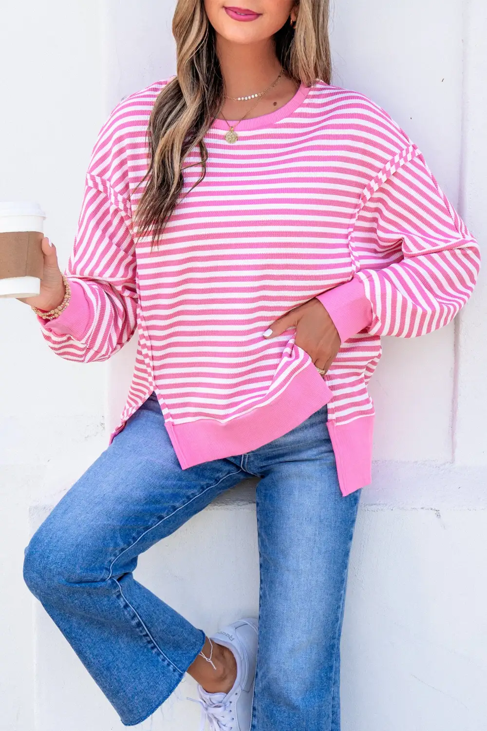 Striped Split Hem Stretch Fabric Long Sleeve Top