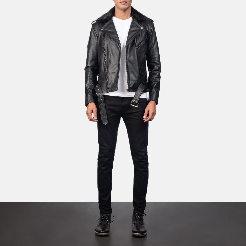 Men's Classic Biker Leather Fur Trim Jacket