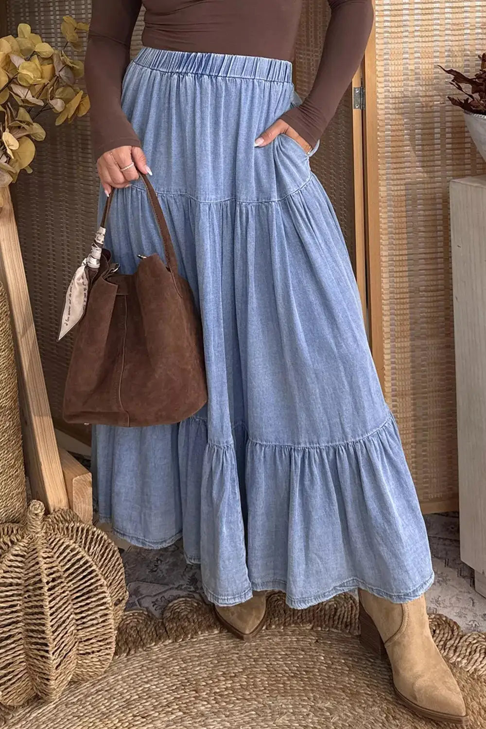 Elastic Waist Ruffled Tiered Flared Maxi Skirt
