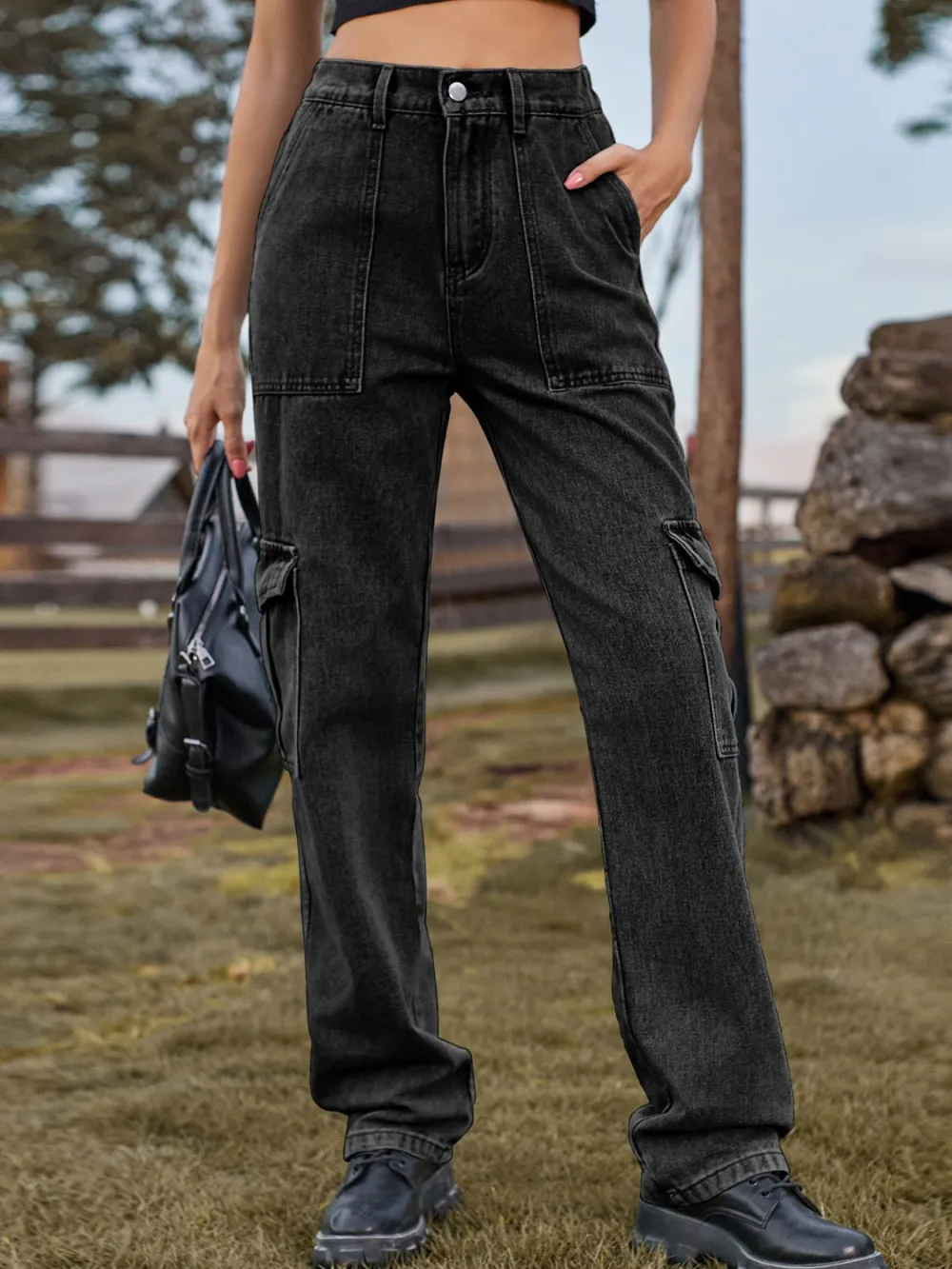 Relaxed High Waist Cargo Denim Jeans