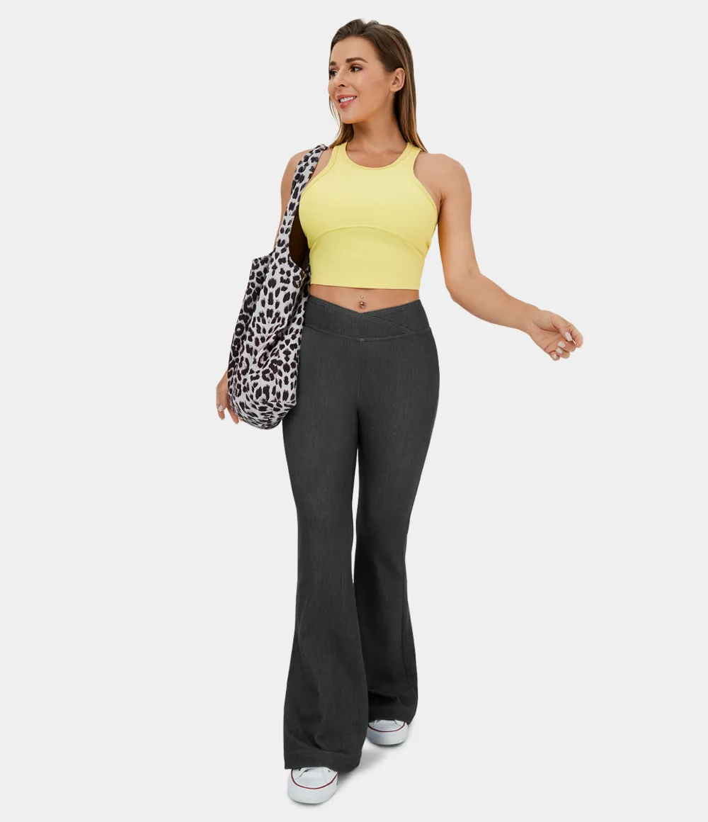 Magic High Waisted Crossover Back Pocket Stretchy Knit Casual Flare Jeans