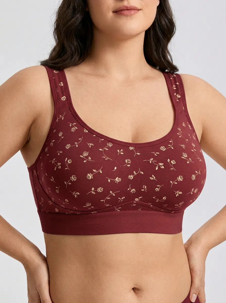 Women's Plus Size Peach Rose Floral Scoop-Neck Wide-Strap Wireless Bralette