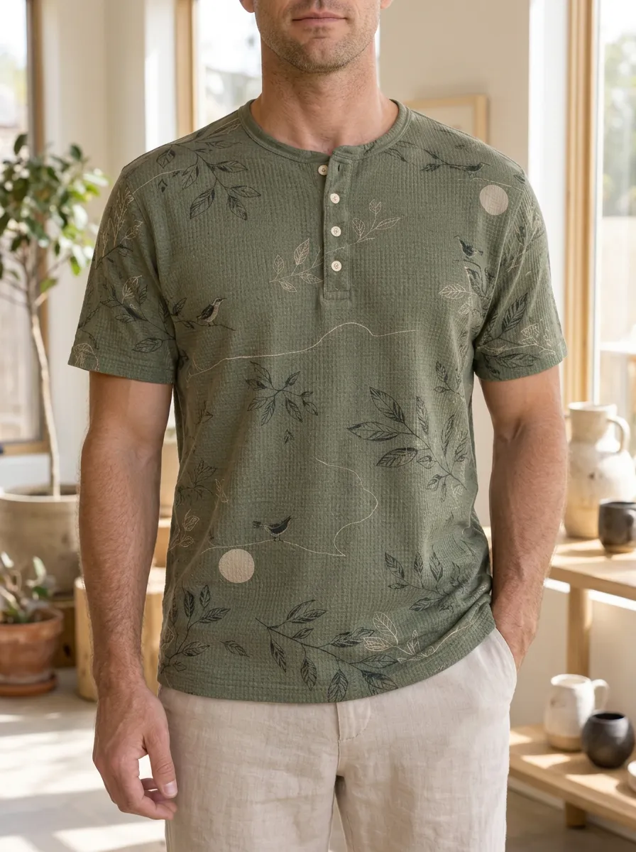 Men's Casual Nature Lover Bird and Leaf Design Henley T-Shirt