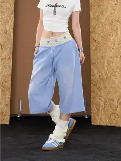 Wide-Leg Star-Graphic Patchwork Shorts