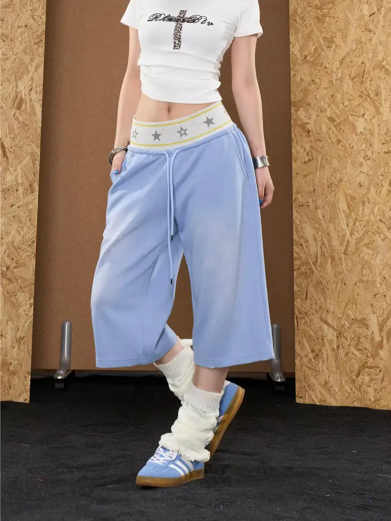 Wide-Leg Star-Graphic Patchwork Shorts