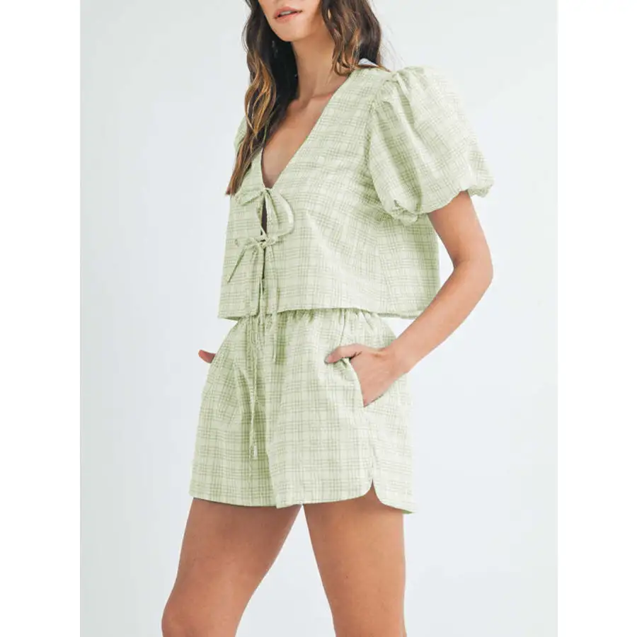 V Neck Puff Sleeve Top and Shorts Set