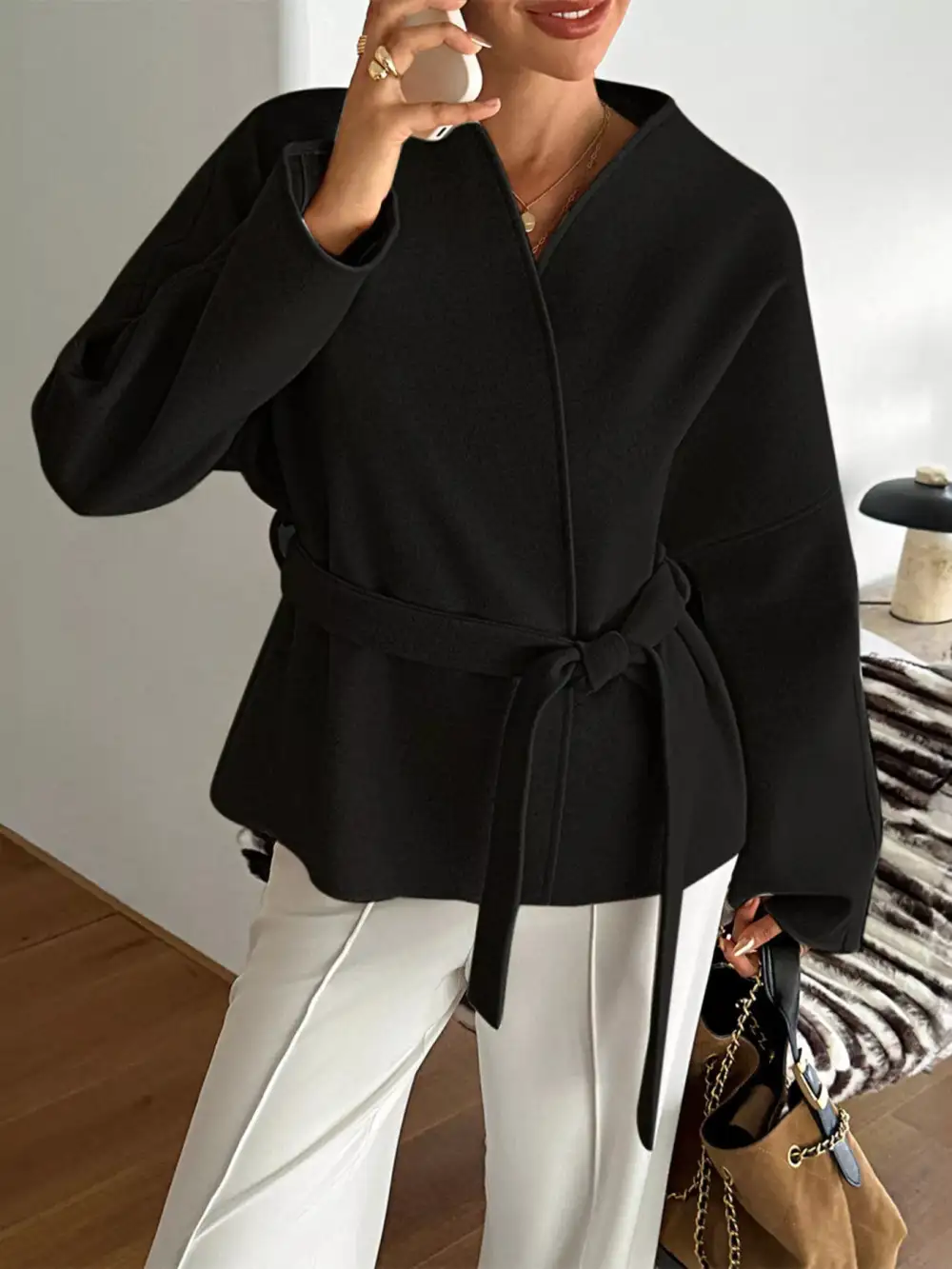 Surplice Dropped Shoulder Tie Belt Outerwear