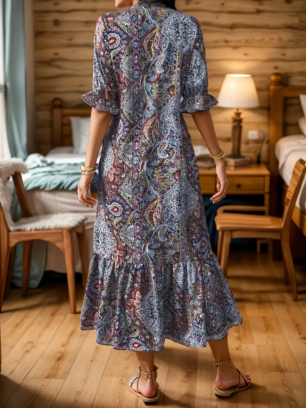 Plus Size Bohemian Paisley Printed Ruffle Hem Midi Dress