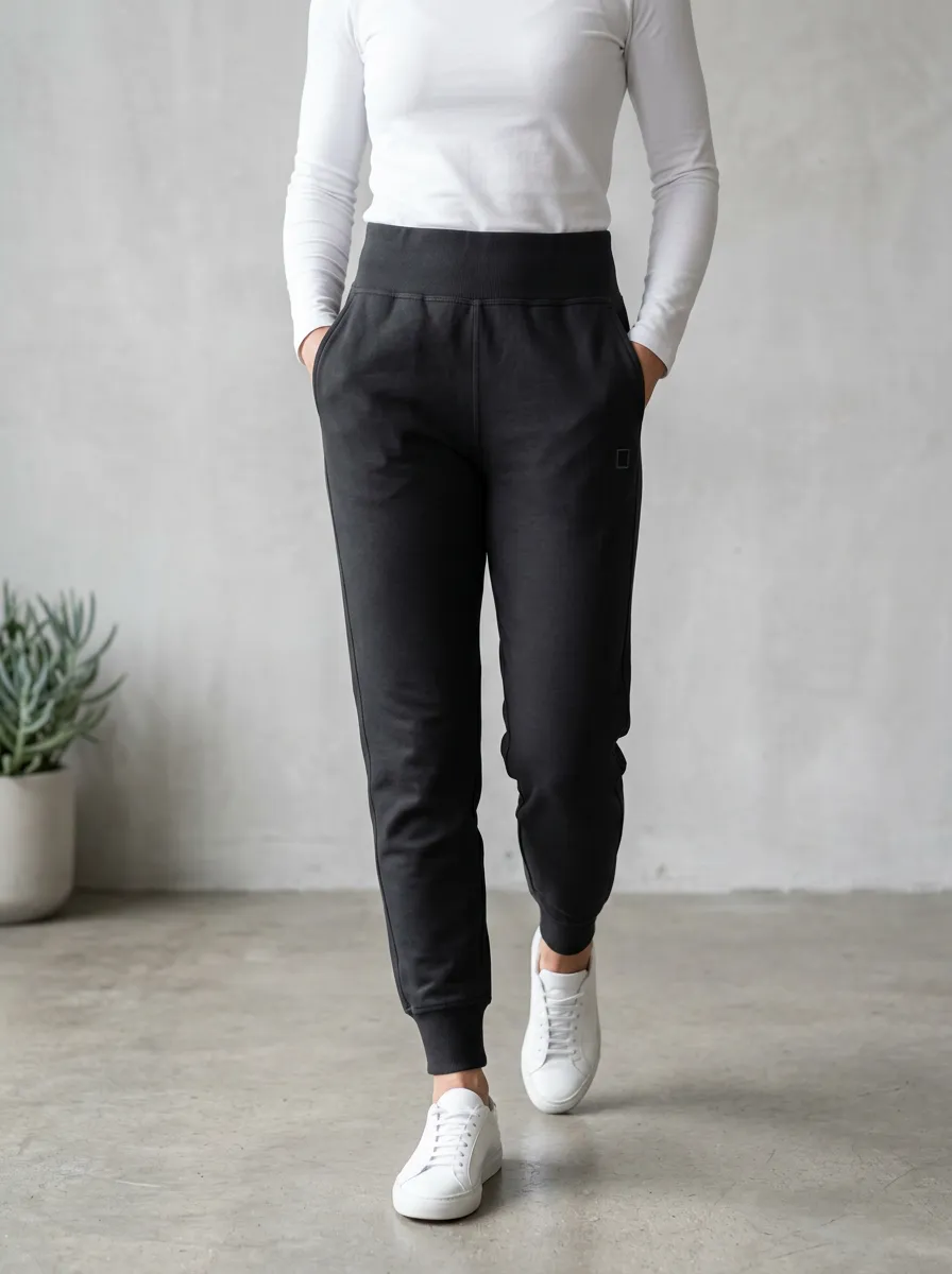 Women's High-Waisted Solid Black Jogger Pants