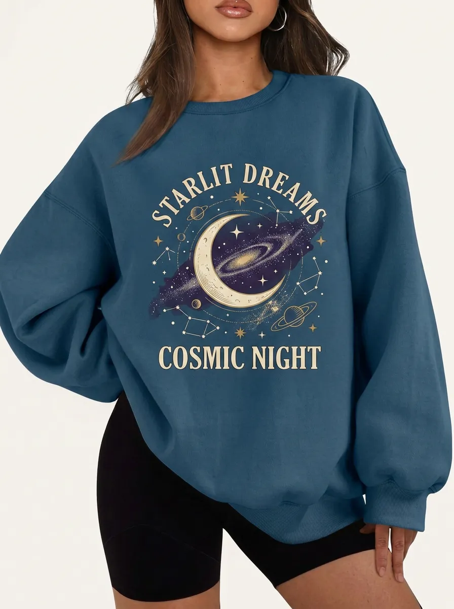 Women's Celestial Starlit Dreams Moon Galaxy Printed T-shirt