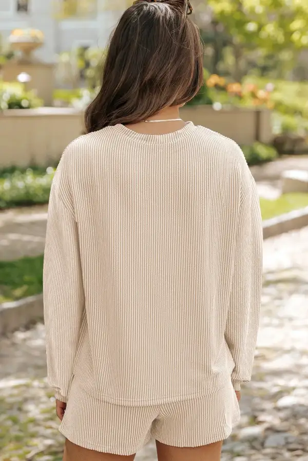 Round Neck Long Sleeve Top And Shorts Set