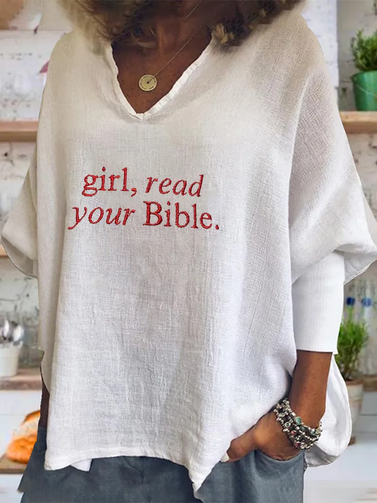 Girl-Themed V-Neck Long-Sleeved T-Shirts