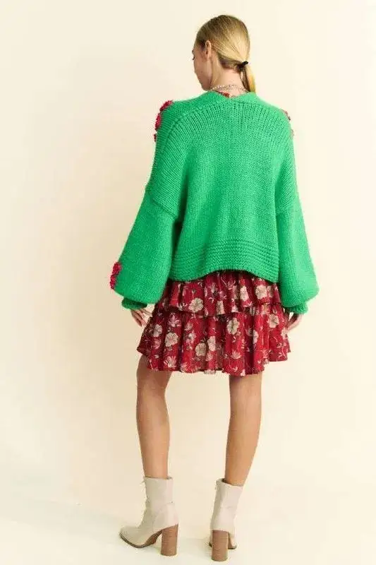 Drop Shoulder Open Front Floral Detail Knit Cardigan