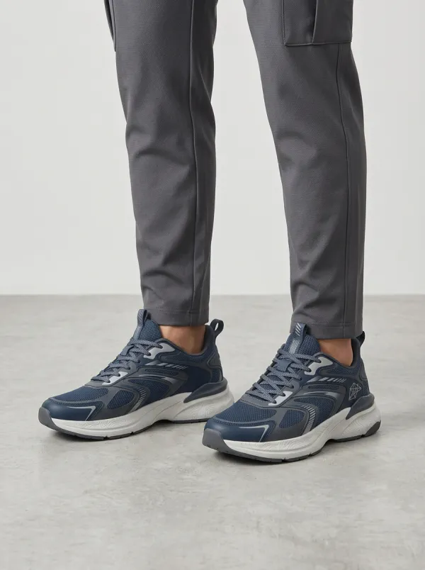 Men's Navy Geometric Graphic Navy Mesh Athletic Sneakers