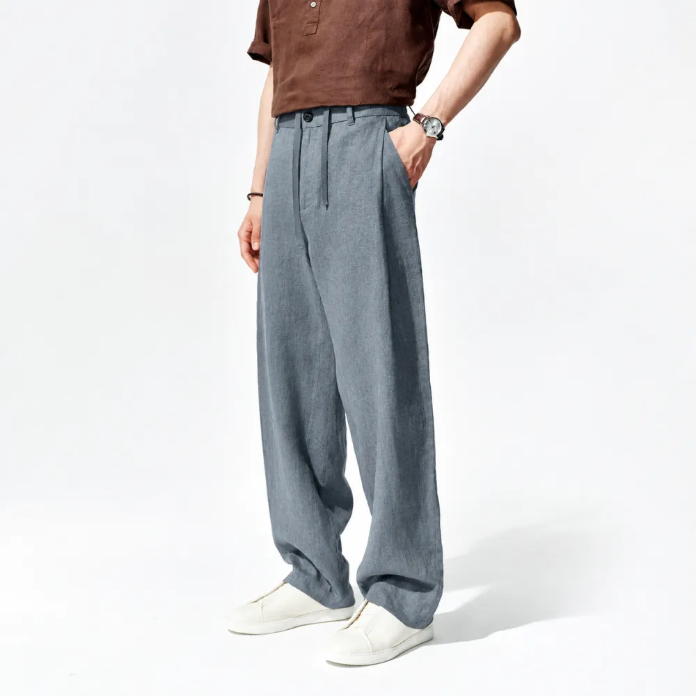 Men's Heavyweight Pure Linen Straight-Leg Casual Trousers – 