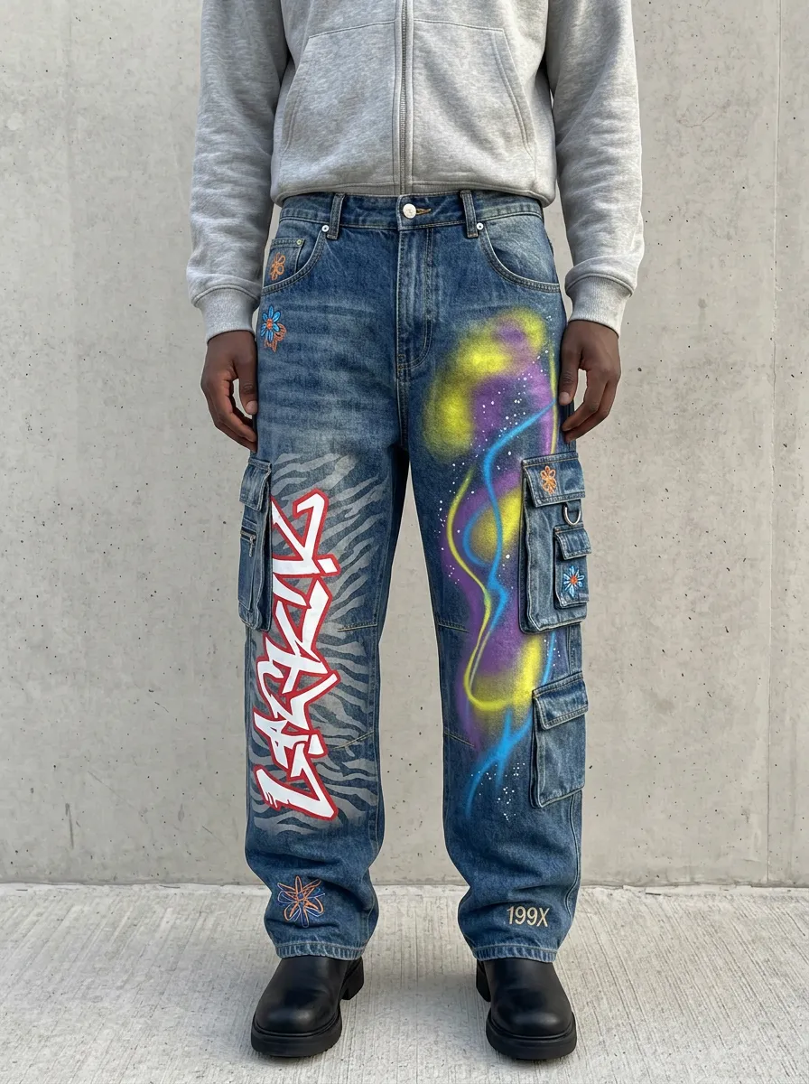 Men's Streetwear Graffiti Zebra Print Airbrush Graphic Cargo Jeans
