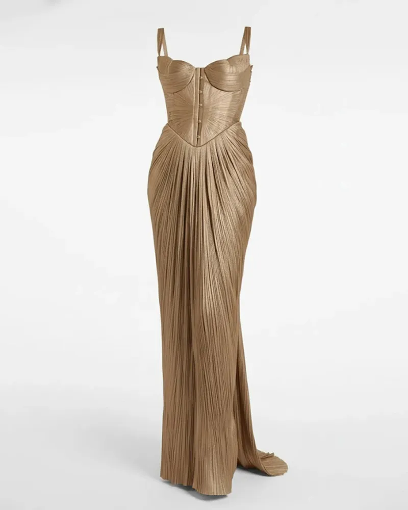 Pleated Satin Maxi Tie Detail Dress