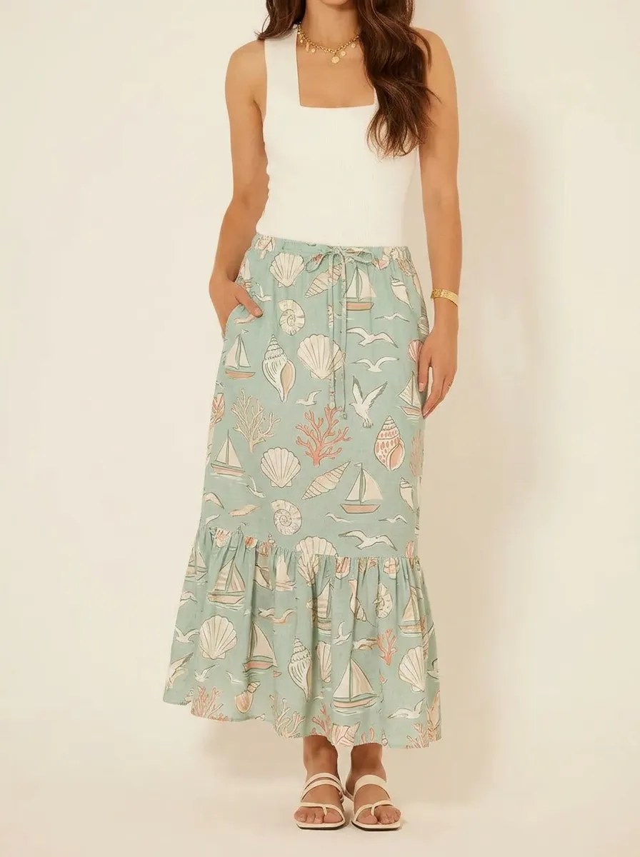 Women's Beach Vacation Seashell Sailboat Printed Midi Skirt