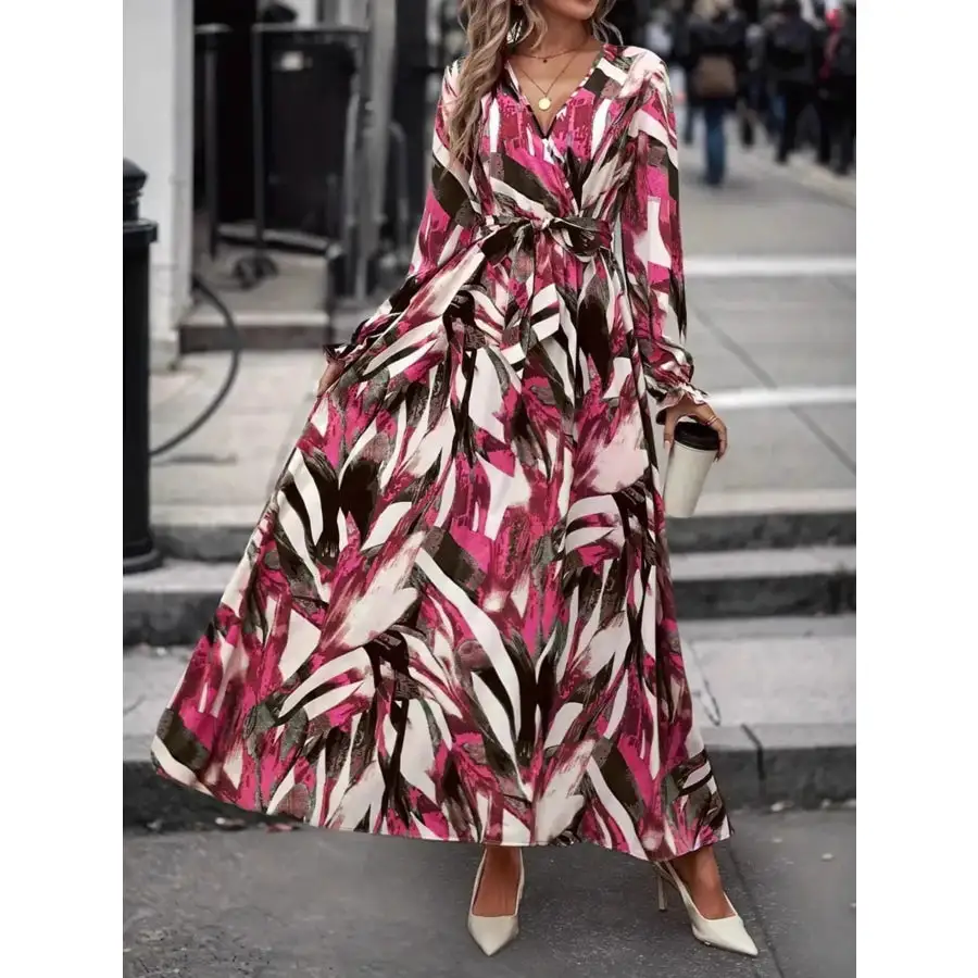 Printed Surplice Flounce Sleeve Maxi Dress