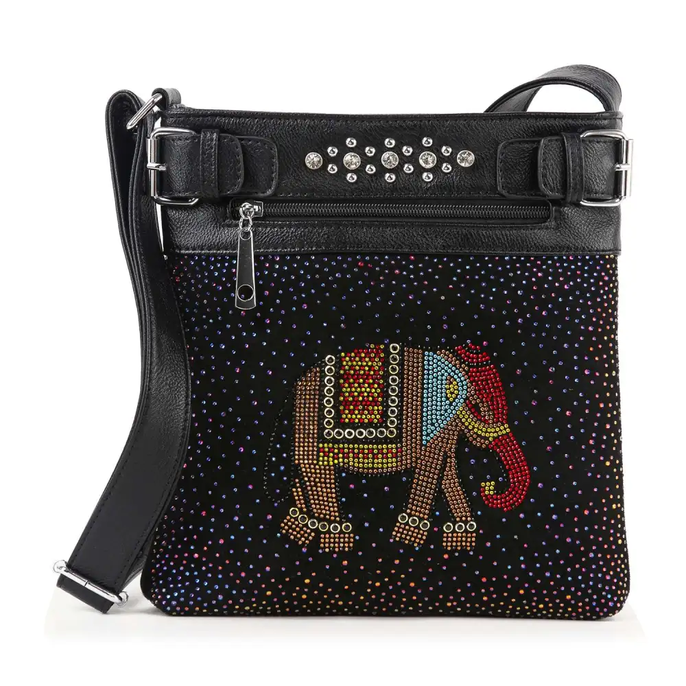 Elegant Detail Crystal Accent Pocketed Faux Leather Crossbody Sling Bag