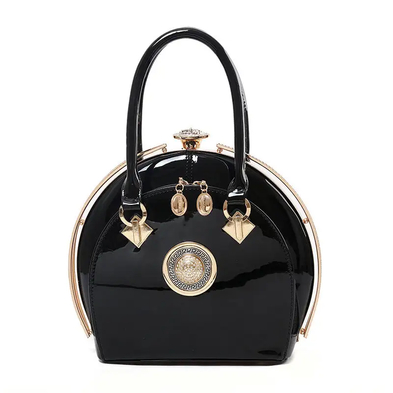Glossy Black Round Handbag - Vintage Glam Aesthetic