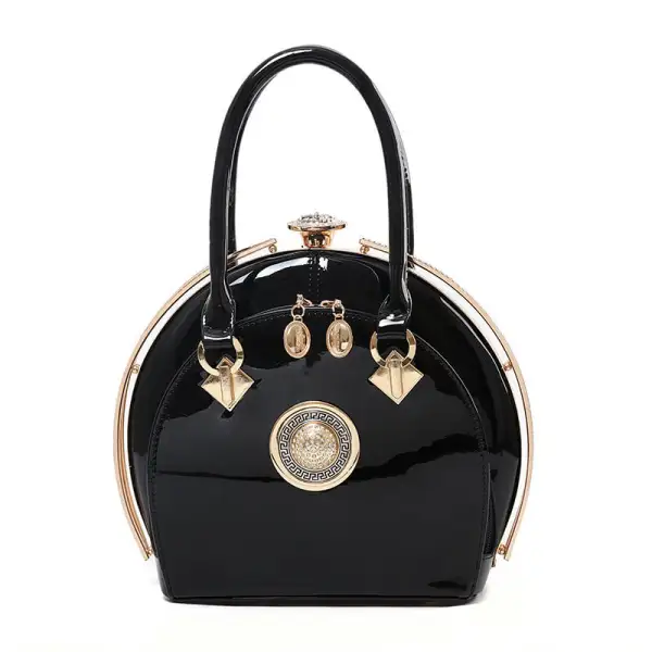 Glossy Black Round Handbag - Vintage Glam Aesthetic