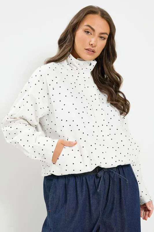 White Polka Dot Funnel Neck Bomber Jacket