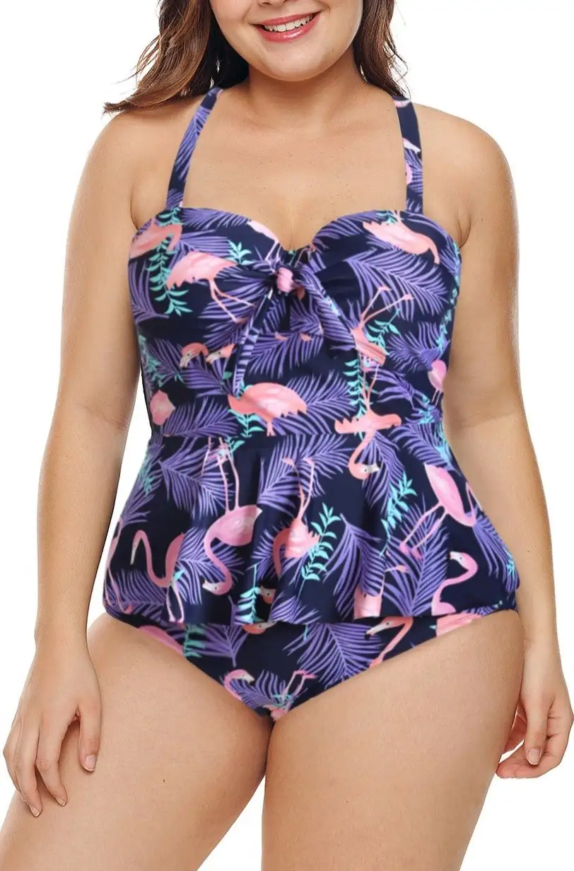 Swimwear Halter Neck Peplum Plus Size Tankini Set