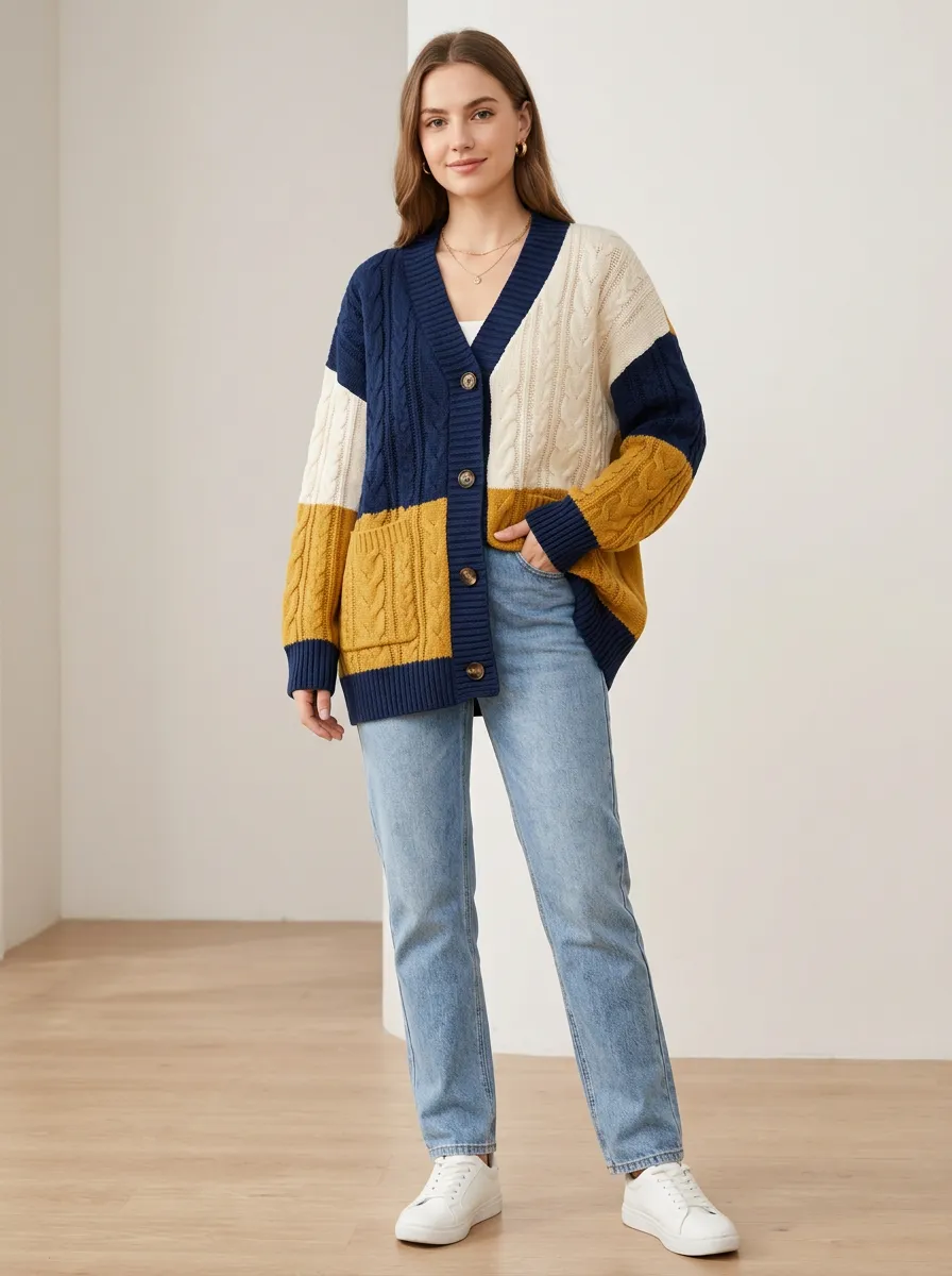 Women's Colorblock Cable Knit V-Neck Cardigan