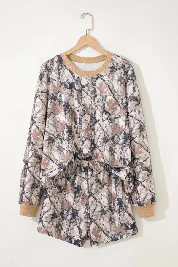 Women's Woodland Camo Print Long Sleeve Top Casual Short Set