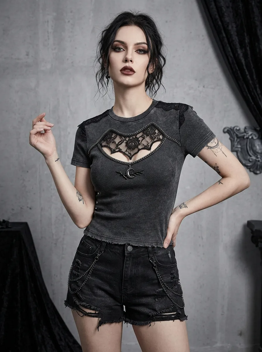 Victorian-Inspired Moon Lace Cutout Punk Look Women's Gothic T-Shirt