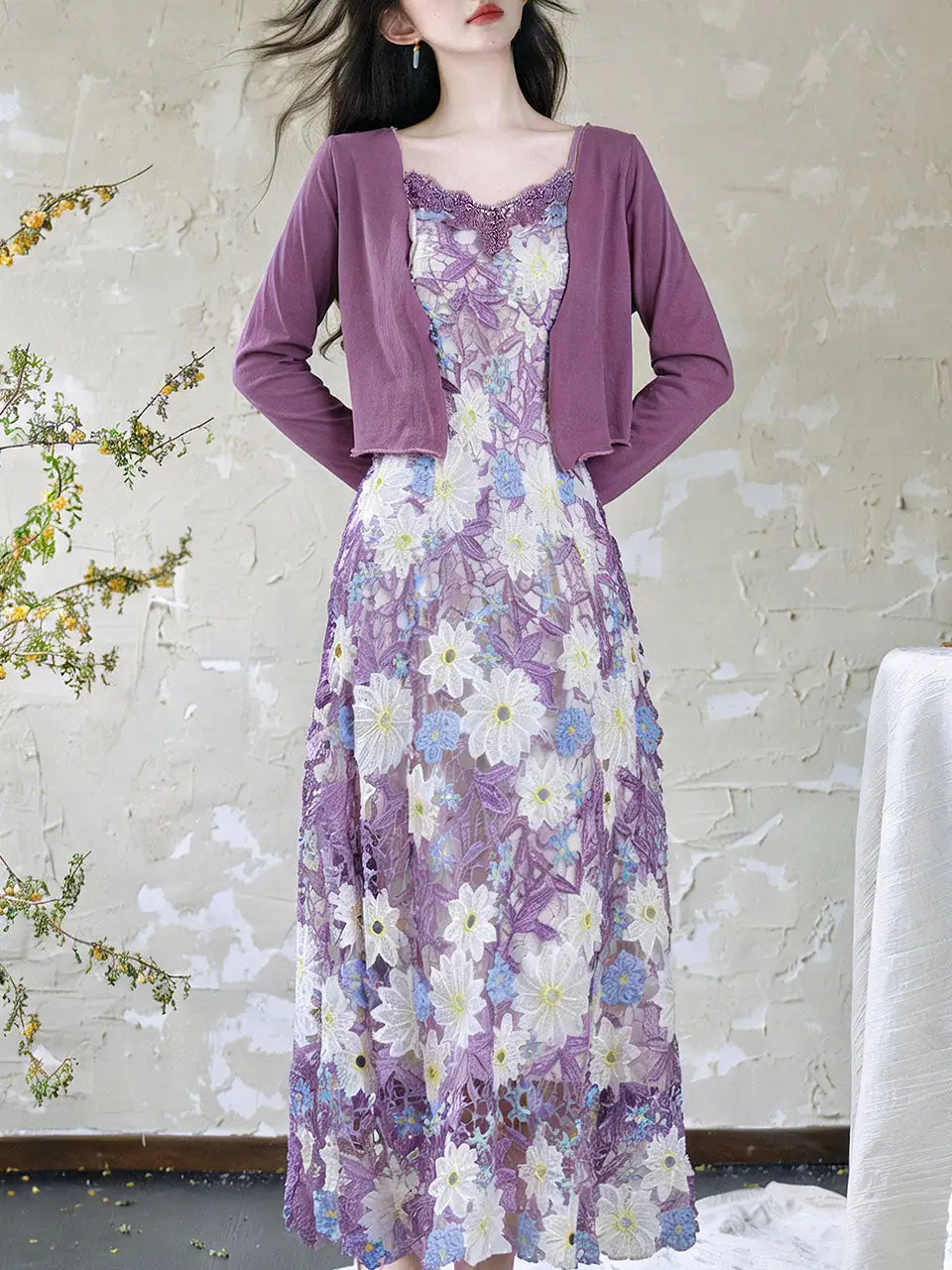 Floral Embroidered Lace Prom Maxi Dress