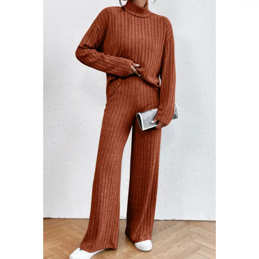 Mock Neck Dropped Shoulder Top and Pants Set