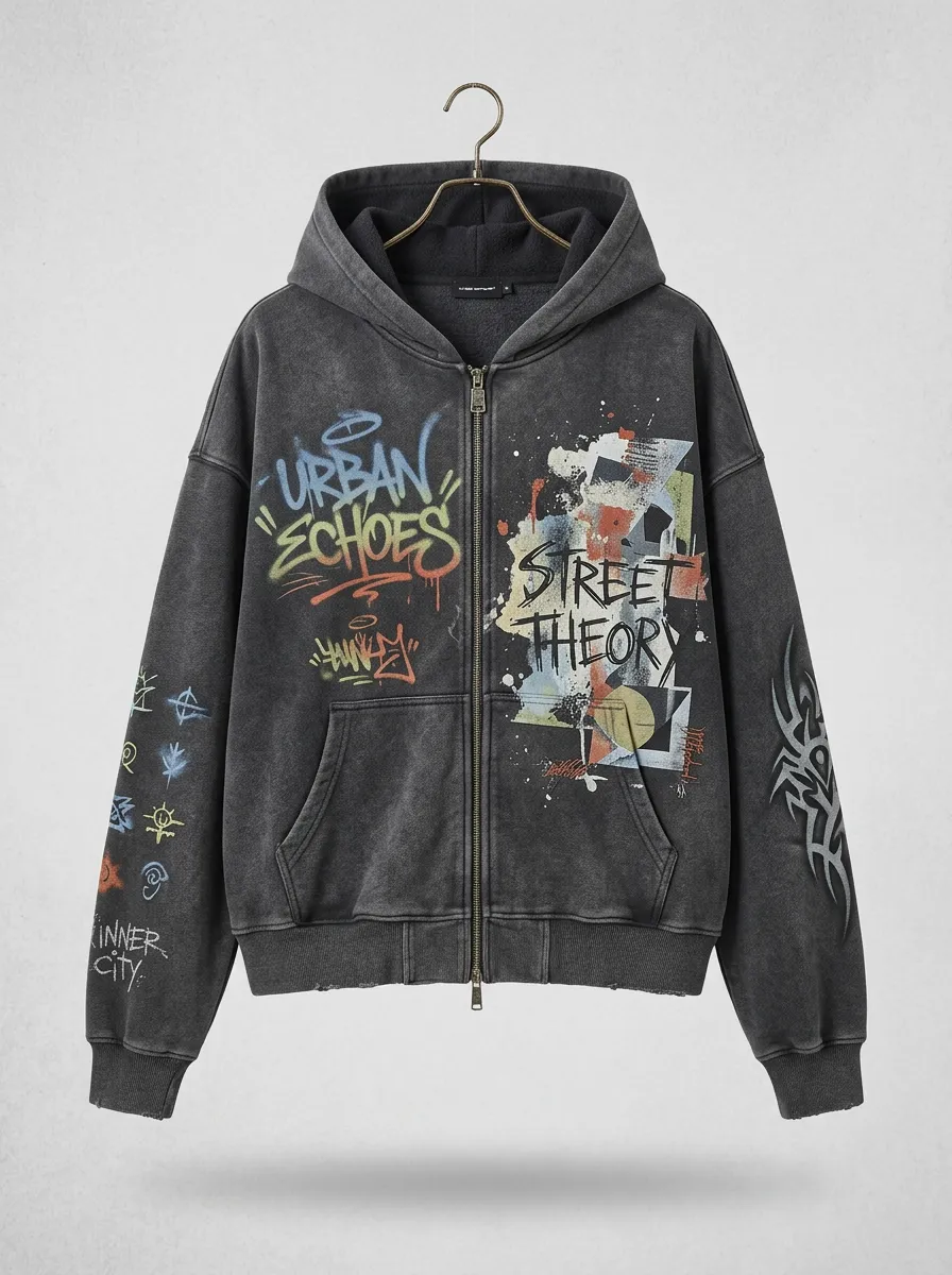 Unisex Streetwear Urban Echoes Graffiti Printed Zip-up Hoodie