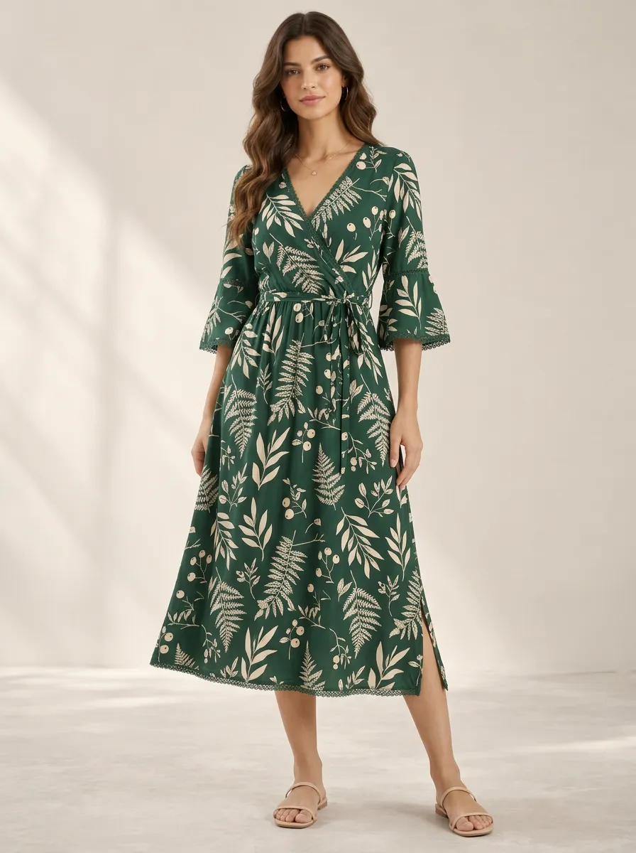 Women's Resort Ready Botanical Fern Print Midi Dress