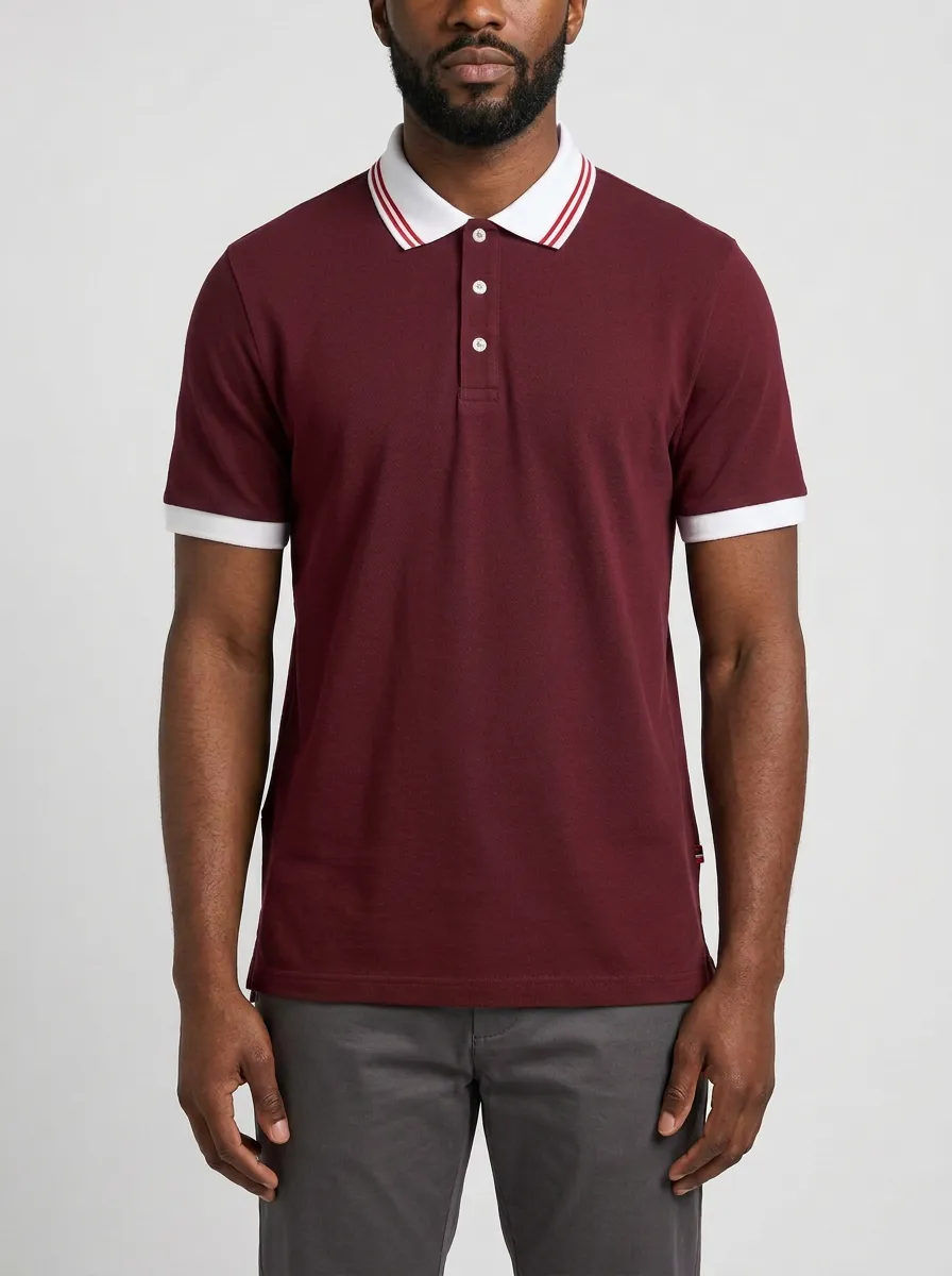 Men's Navy Blue Contrast Collar Striped Trim Polo Shirt