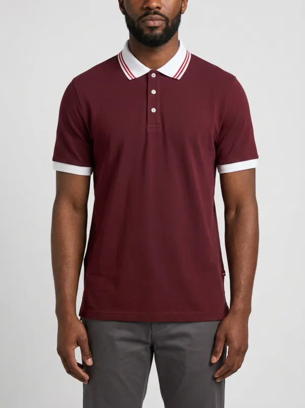 Men's Navy Blue Contrast Collar Striped Trim Polo Shirt