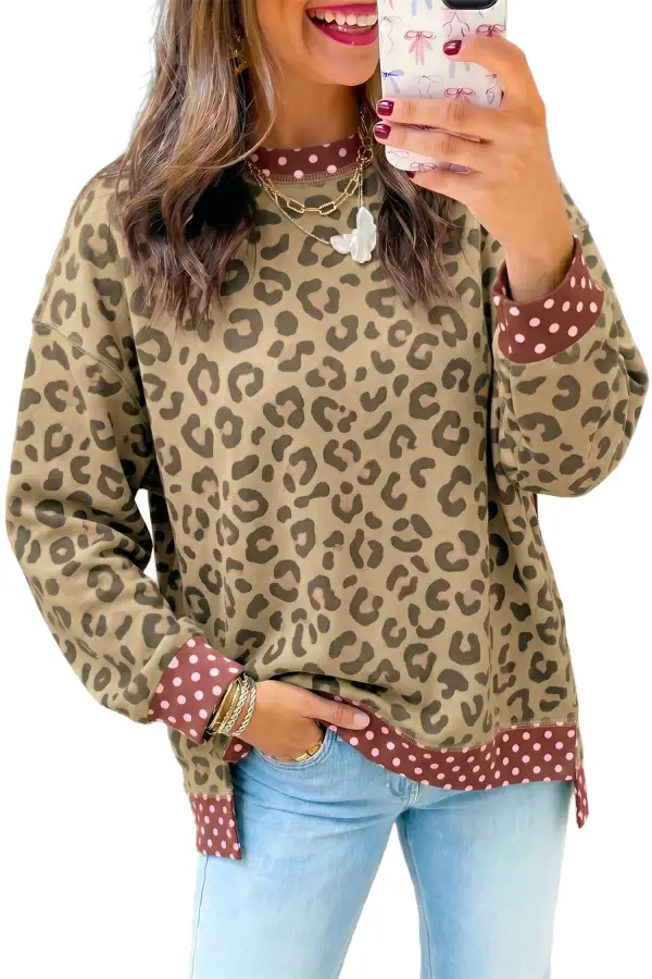 Women's Polka Dot Leopard Print Colorblock Top