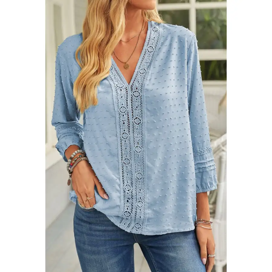 Swiss Dot V Neck Long Sleeve Blouse