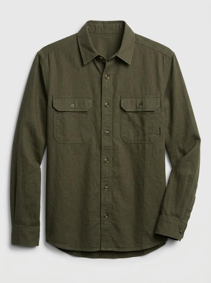 Men's Olive Green Breathable Linen Blend Button-Down Shirt