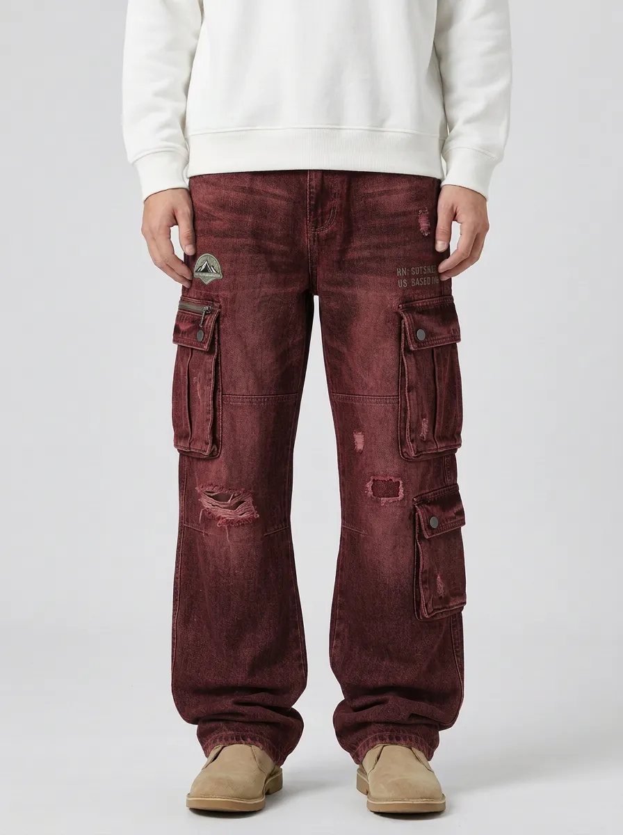 Men's Vintage Distressed Mountain Patch Graphic Cargo Pants