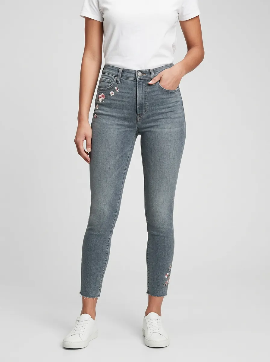 Women's Floral Gray Embroidered Printed Slim Jeans