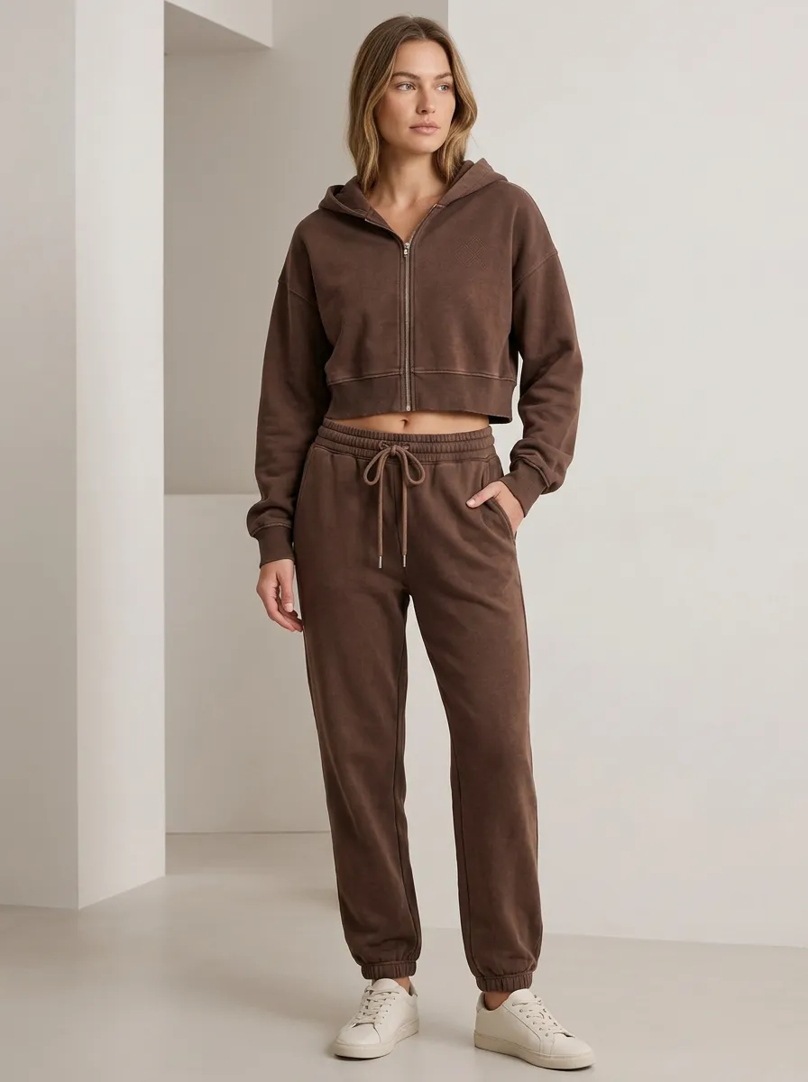 Zip-Up Vintage-Wash Jogger Minimal Women's Cropped Zip-Up Hoodie Jogger Active Set
